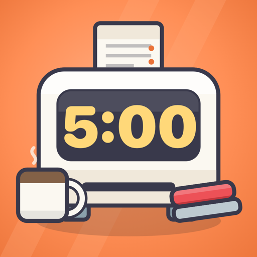 Clock Out app icon: a desktop computer showing 5:00, with a coffee mug and a stapler.