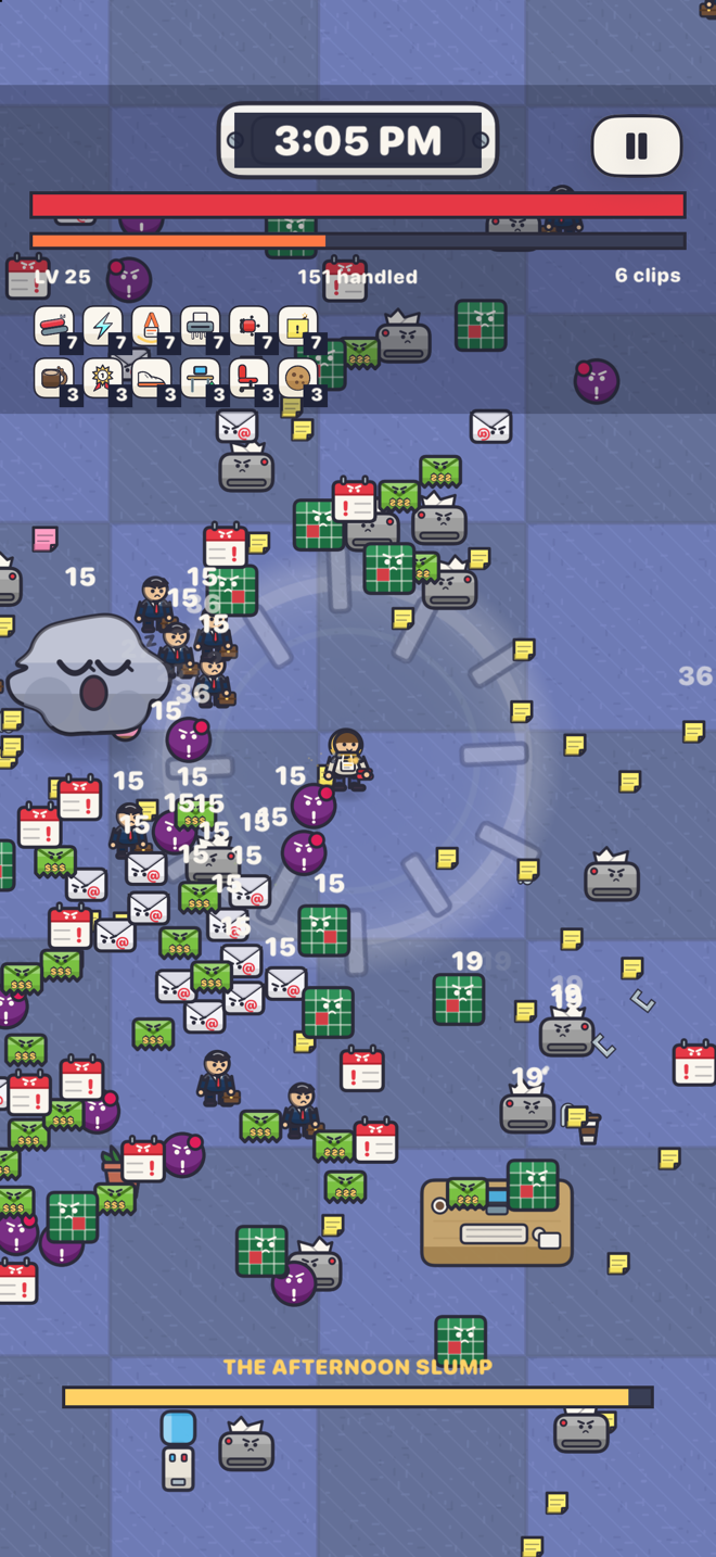 The 3:05 PM boss fight against the Afternoon Slump, a huge grey enemy in the middle of a screen packed with office monsters and paperclips.