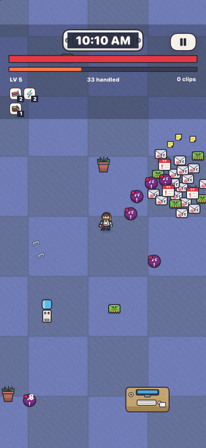 Gameplay at 10:10 AM. The player is surrounded by a dense crowd of email and sticky-note enemies on a blue carpet, with damage numbers popping over them.