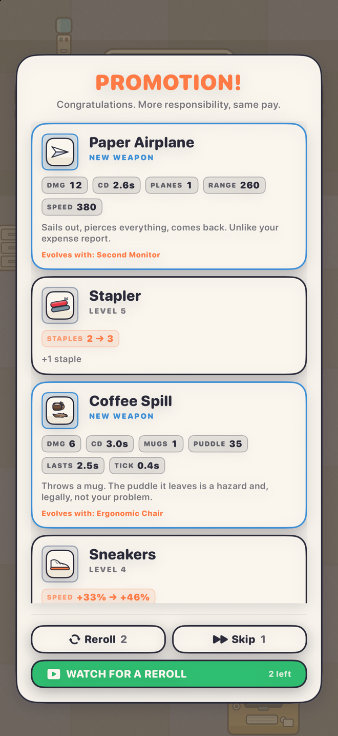 The Promotion screen, offering a choice of three upgrade cards: Paper Airplane, Stapler and Coffee Spill, with Reroll and Skip buttons underneath.